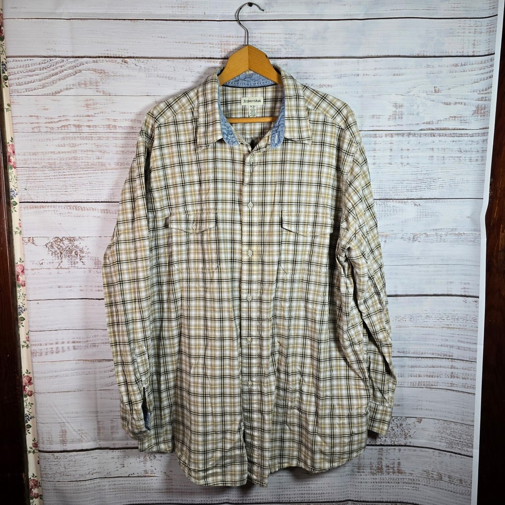 St. John's Bay Plaid Button Front Shirt 2XL Tall Beige Cotton Long Sleeve